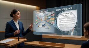 A lawyer presenting a slip-and-fall case in court using a digital display, showing an illustration of the accident and a company memo on safety inspections.