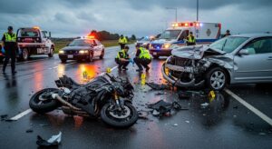 A motorcycle accident scene with evidence markers, showing the severity of the crash and the role of negligence