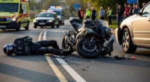 Motorcycle accident scene showing emergency vehicles and injured riders