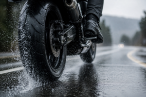 Close-up of a motorcycle tire on a wet road with visible water spray and slick pavement