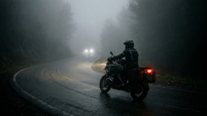 Motorcyclist riding through foggy conditions with low visibility and headlights barely visible ahead