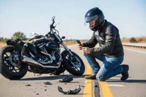 Investigator documenting pothole evidence after a motorcycle accident